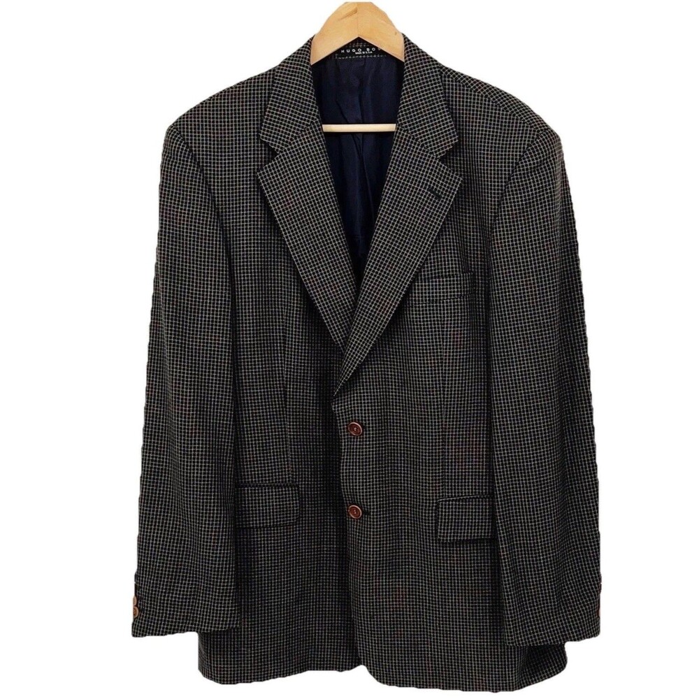 HUGO BOSS Apollon Blazer Sport Coat 100% Wool Black w Tan Check 42R Wood Buttons